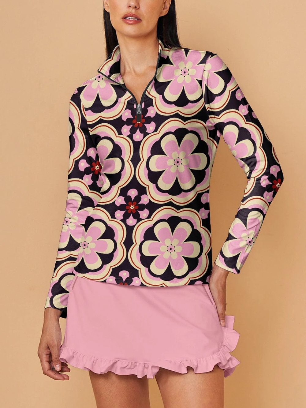 NWOT Acegolfs Botanical Energy Floral 1/4 Zip Golf Pullover - Navy/Pink - L